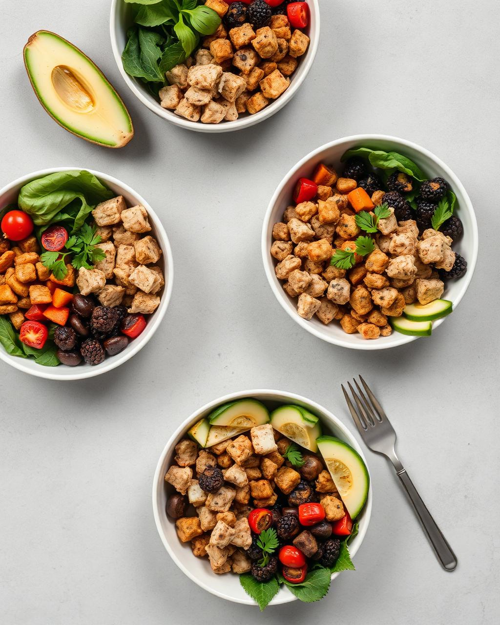 Prepared high protein meals laid out on a counter