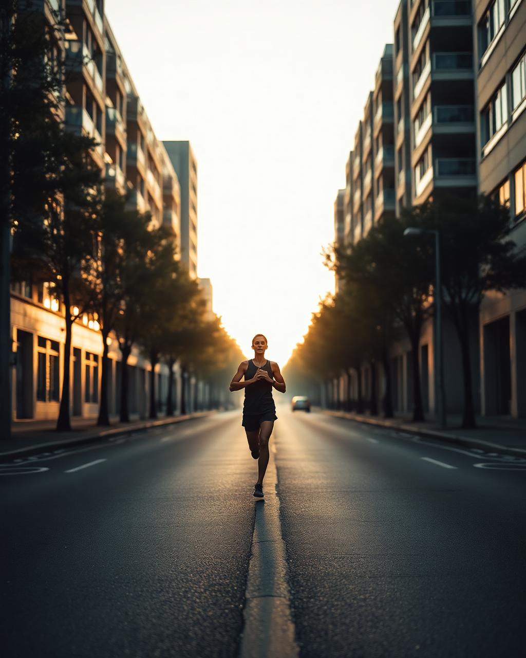 Runner training on an empty street at sunrise