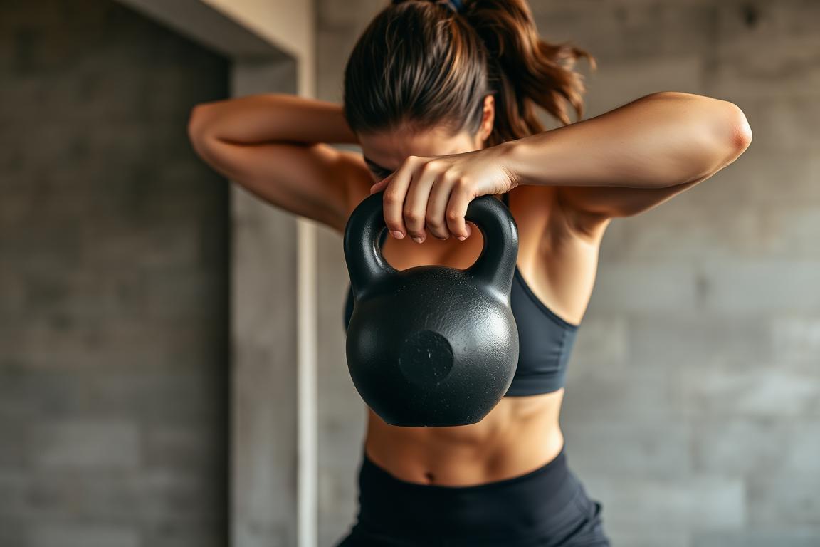 Member mid kettlebell swing during a conditioning session