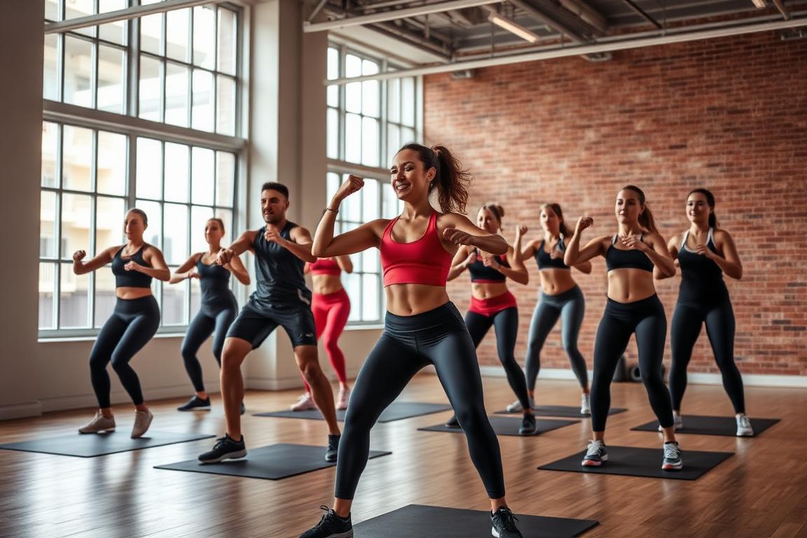 Instructor leading a full group fitness class