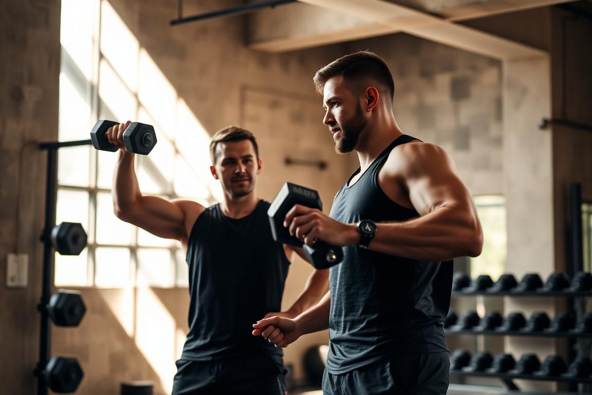 Coach guiding a member through a dumbbell press